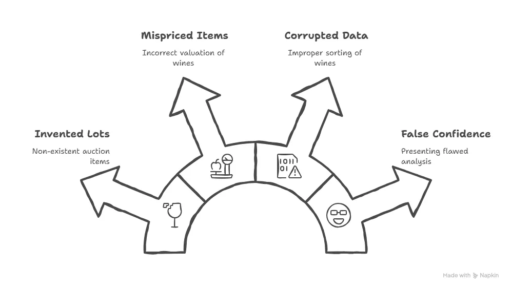For Tirabassi 1 | Tirabassi.com Infographic about wine-auction risks with four categories: Mispriced Items, Corrupted Data, Invented Lots, and False Confidence, each with small icons and descriptive subtitles.
